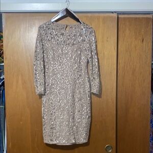 MARINA Gold Sequin Long Sleeve Sheath Dress